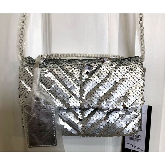 NICOLE MILLER - NWT - Silver Sequined & Vegan Leather Evening Bag. SPARKLY! ♥️ - Picture 4 of 16